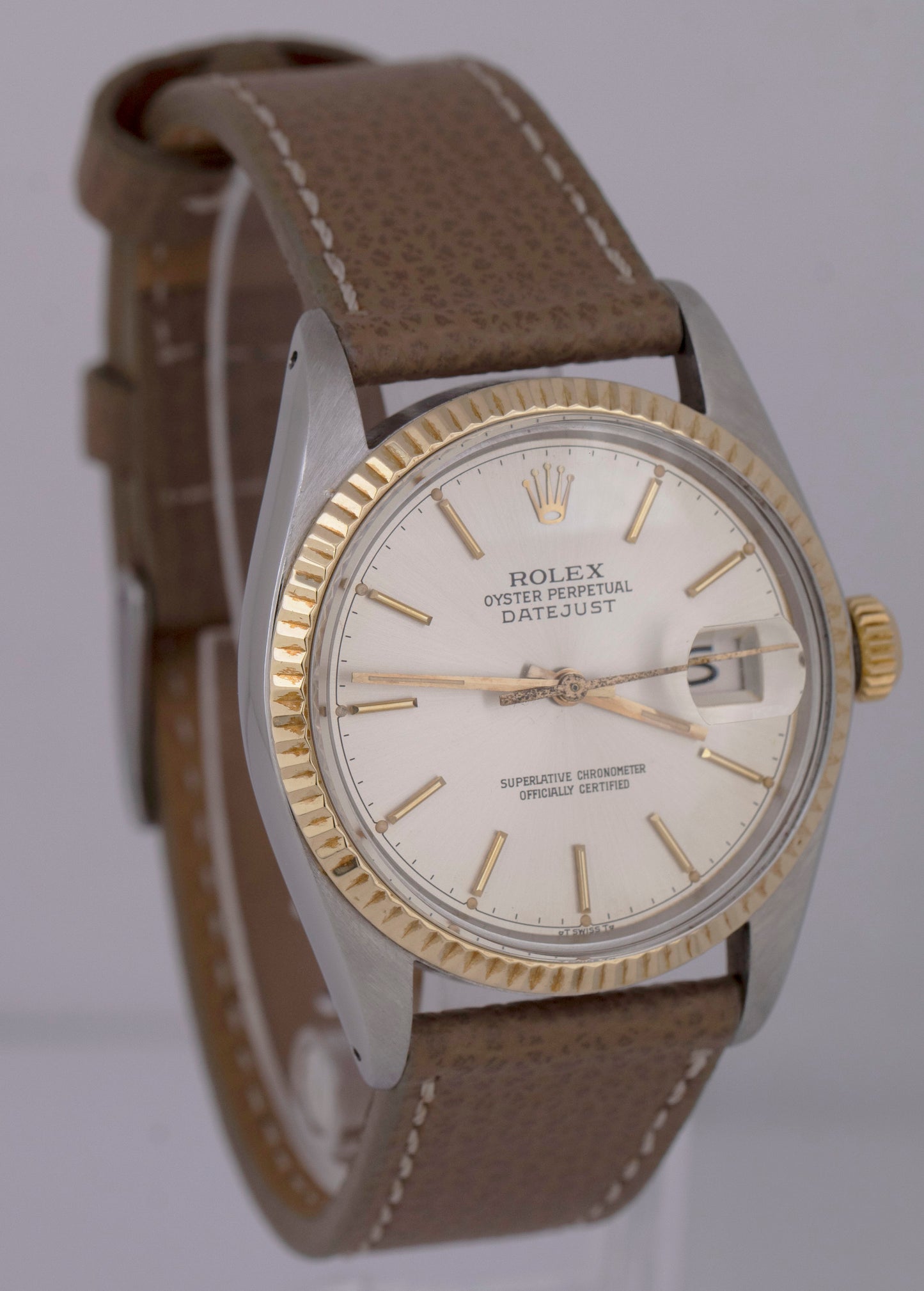 MINT 1978 Rolex DateJust 36mm Two-Tone Steel Yellow Gold Silver Leather 16013