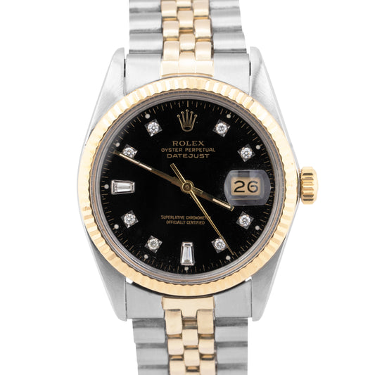 Rolex DateJust 36mm Black Diamond Dial Two-Tone Quickset Automatic Watch 16013