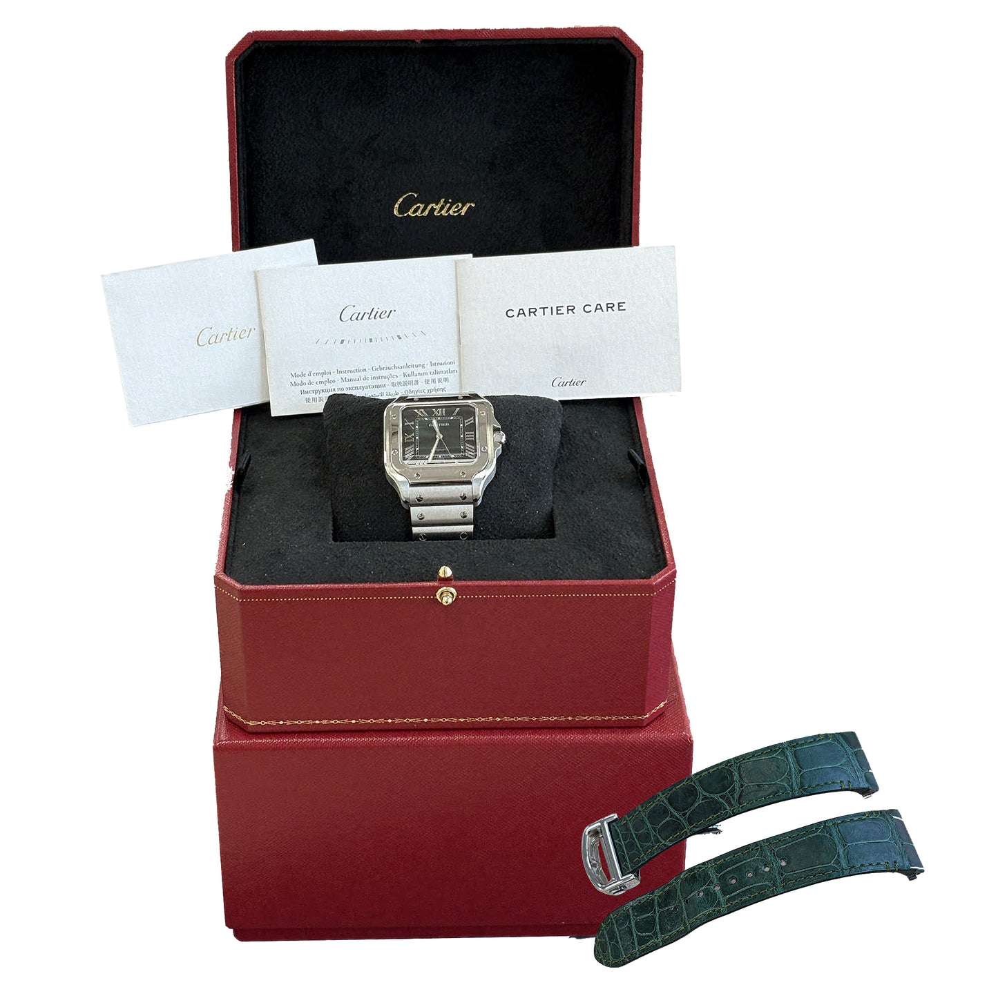 Cartier Santos-Dumont GREEN Stainless Leather WSSA0062 4072 39.8mm Watch BOX