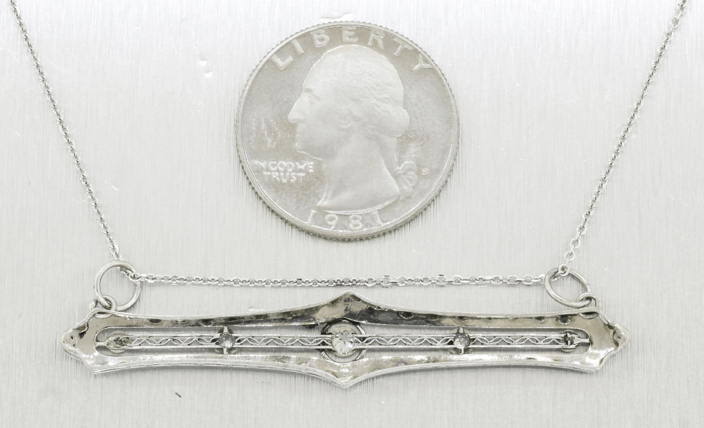 Antique Art Deco 0.45ctw Diamond Filigree Bar Pendant - 14k White Gold Necklace