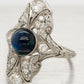 Antique Art Deco Cabochon Sapphire Cocktail Ring - 18k White Gold & Diamonds