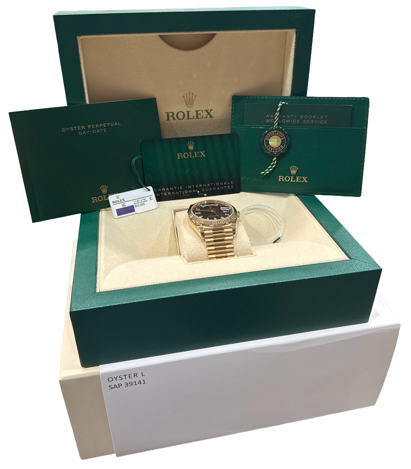 2024 PAPERS Rolex Day-Date President 40mm FACTORY BLACK BAGUETTE 18K 228238 BOX