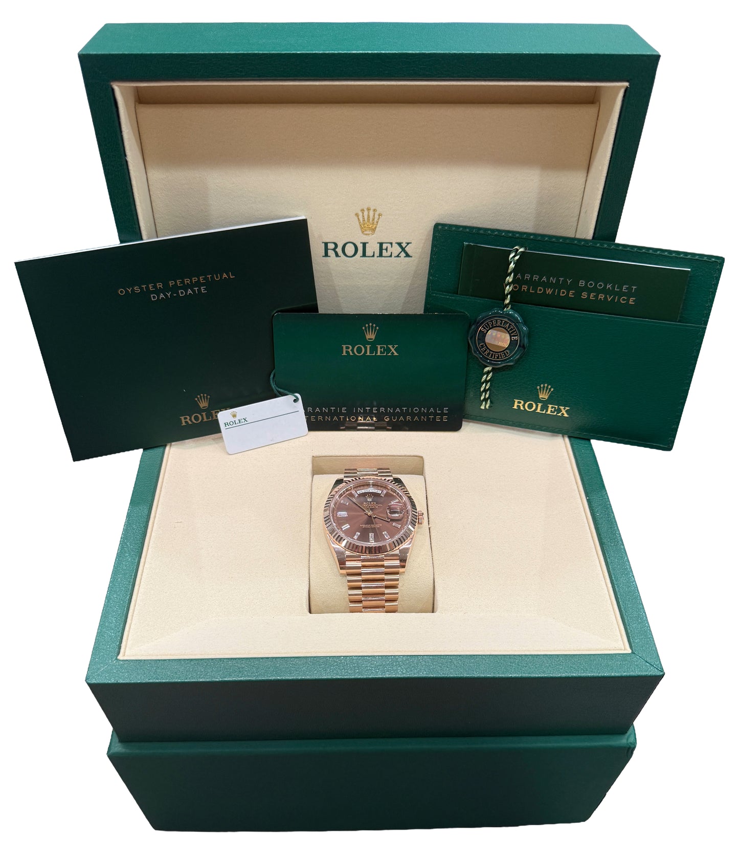 2025 PAPERS Rolex Day-Date President 40mm CHOCOLATE BAGUETTE 18K Gold 228235 BOX