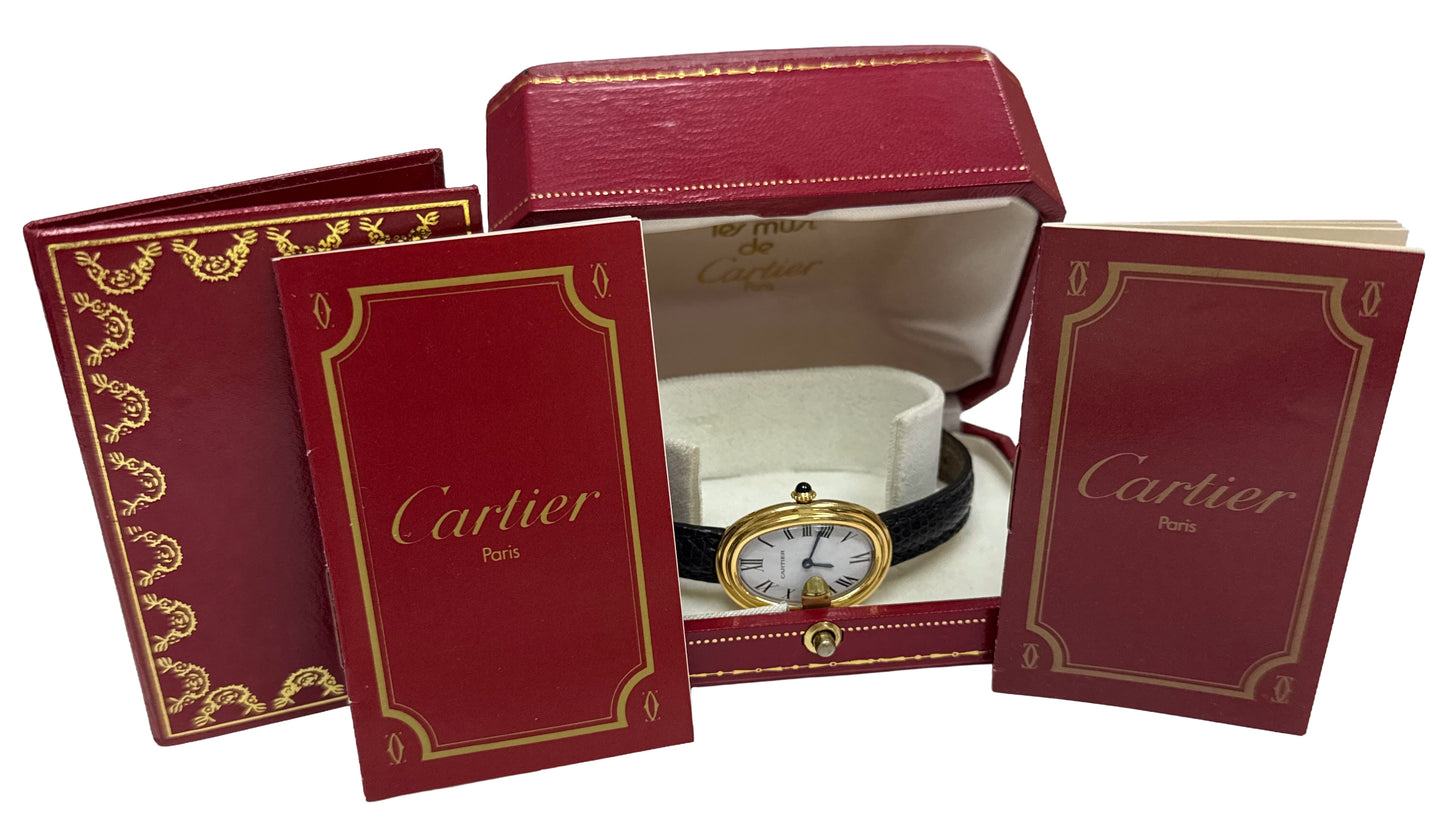 Ladies Cartier Baignoire White Roman PARIS DIAL 18K Yellow Gold 22mm 78094 BOX