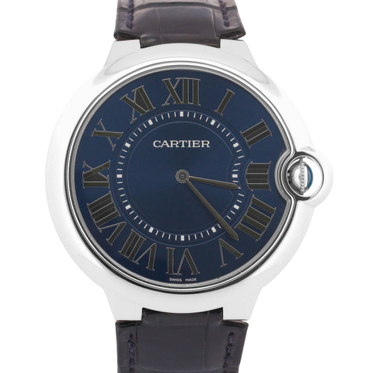 Cartier Ballon Bleu XL 46mm PLATINUM Roman BLUE Leather Automatic Watch 3377