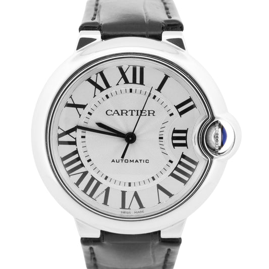 MINT Cartier Ballon Bleu SILVER GUILLOCHE ROMAN Leather WSBB0028 36mm 4372 Watch