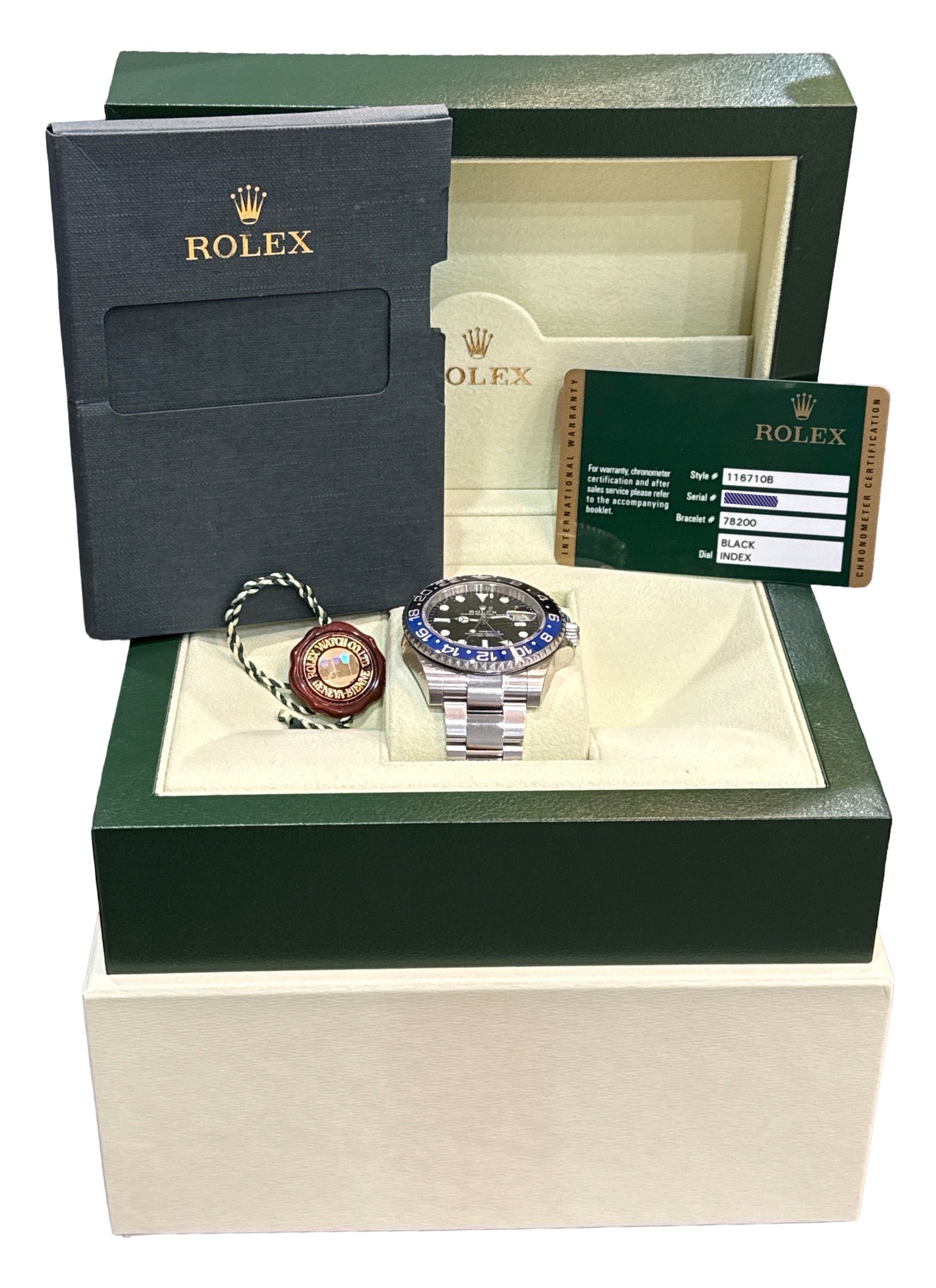 NOS STICKERED PAPERS Rolex GMT-Master II BATMAN Blue Steel 40mm 116710 B BOX