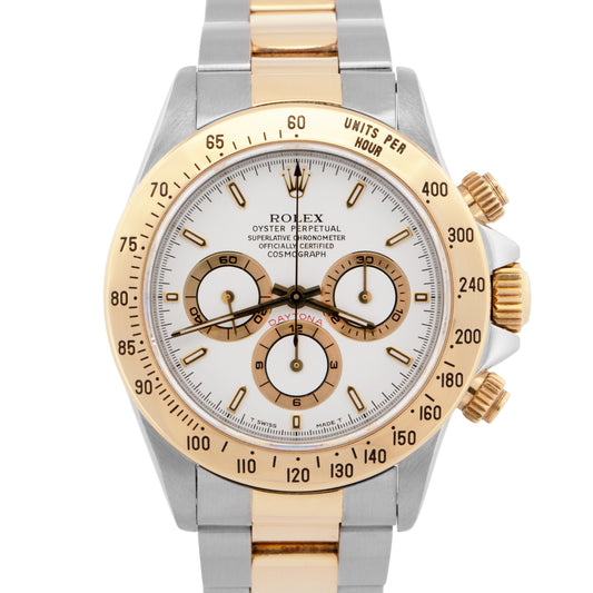 1996 Rolex Daytona Cosmograph WHITE Two-Tone 18K Yellow Gold Steel Watch 16523