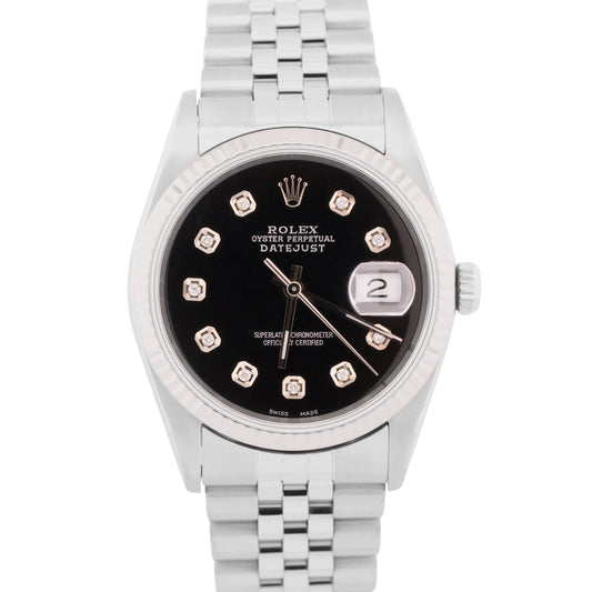 Rolex DateJust 36mm BLACK DIAMOND Stainless Steel JUBILEE 18K Gold Fluted 16220