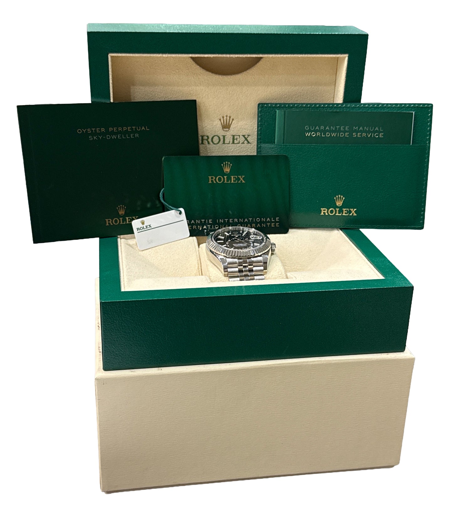 2022 PAPERS Rolex Sky-Dweller BLACK Steel 18K White Gold 42mm JUBILEE 326934 BOX