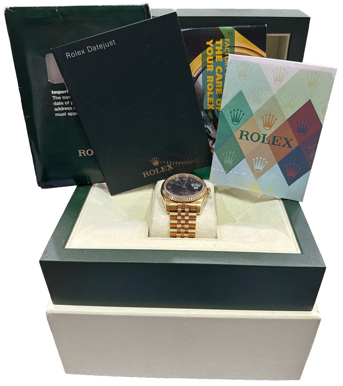 UNPOLISHED PAPERS Rolex DateJust 36mm BLACK ROMAN COMPUTER 18K REHAUT 116238 BOX