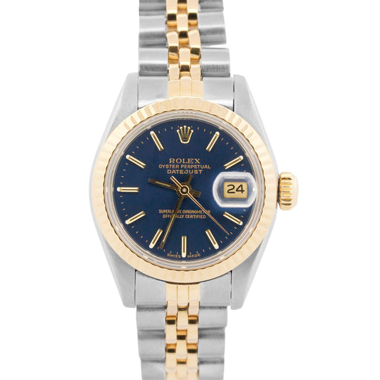Ladies Rolex DateJust 26mm BLUE 18K Yellow Gold Steel Fluted JUBILEE 69173 Watch