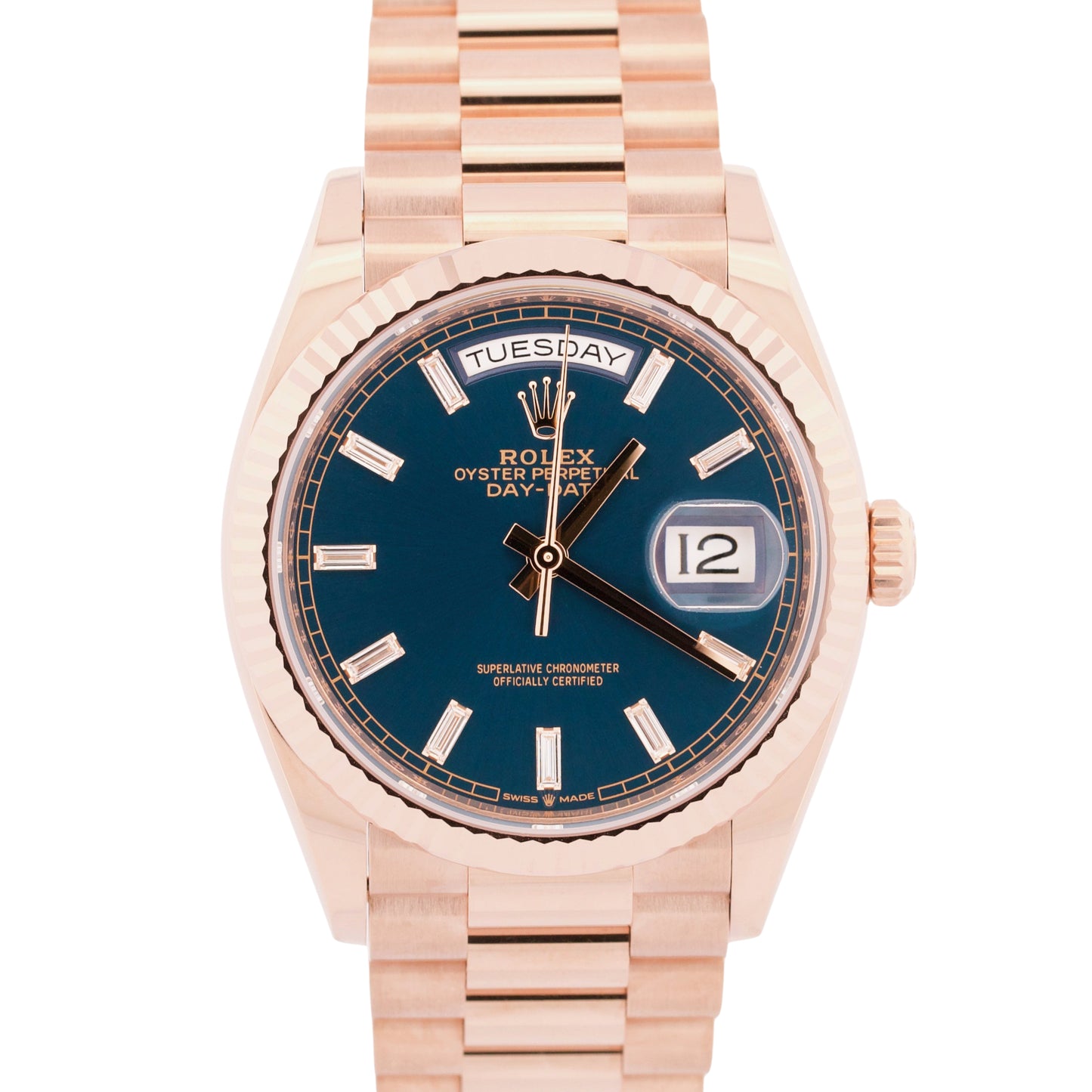 2024 PAPERS Rolex Day-Date President BLUE BAGUETTE DIAMOND 36mm 18K 128235 BOX