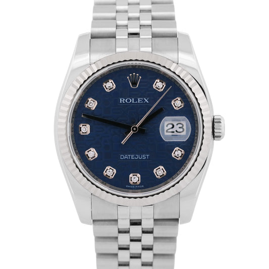 2011 Rolex DateJust 116234 Blue Jubilee Diamond 18K Steel 18K 36mm Box Papers