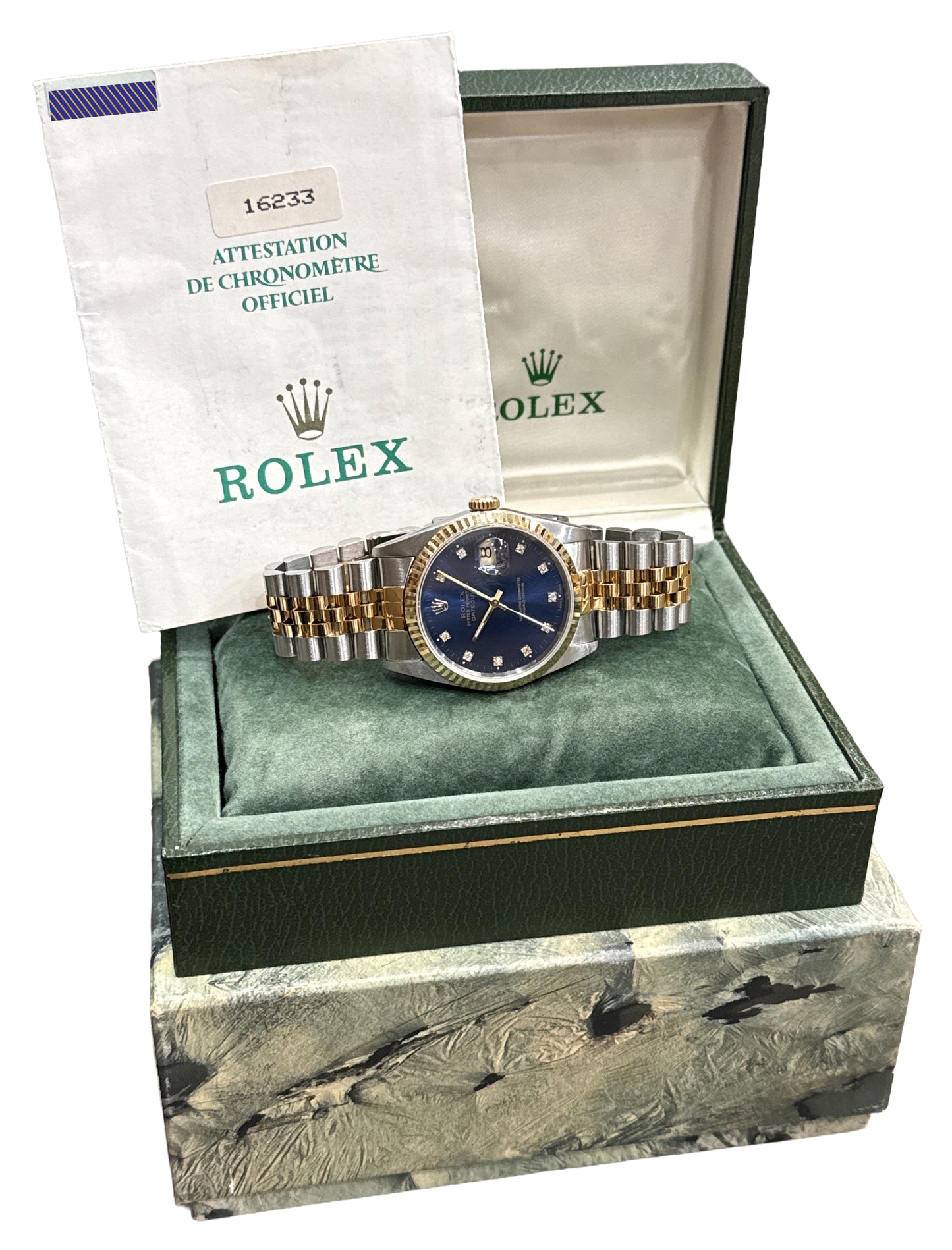 1989 PAPERS Rolex DateJust 36mm FACTORY BLUE DIAMOND Steel JUBILEE 18K 16233 BOX