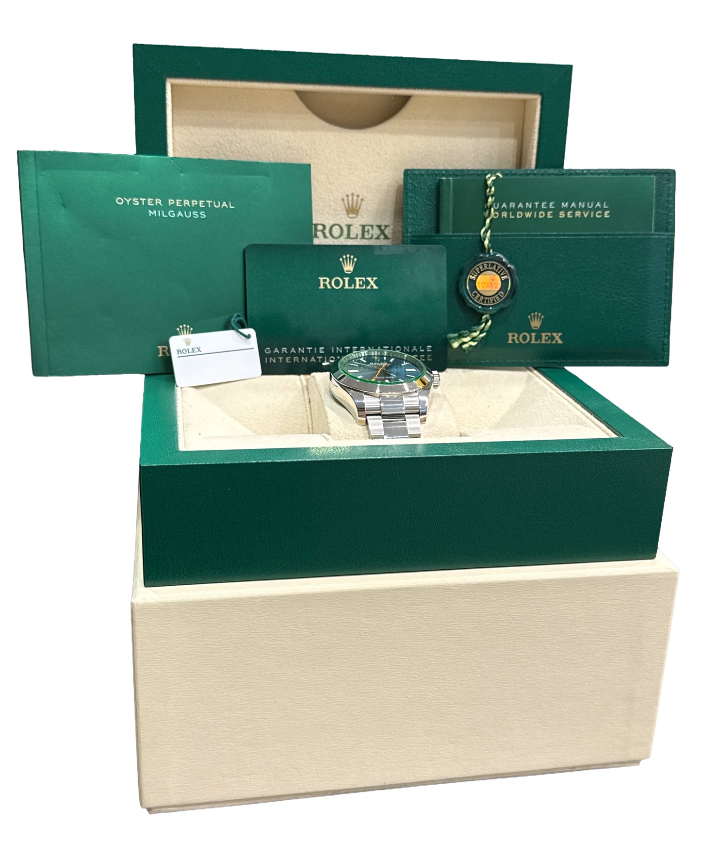 2021 PAPERS Rolex Milgauss BLUE 40mm Steel Z-Blue Green 116400 GV Steel BOX