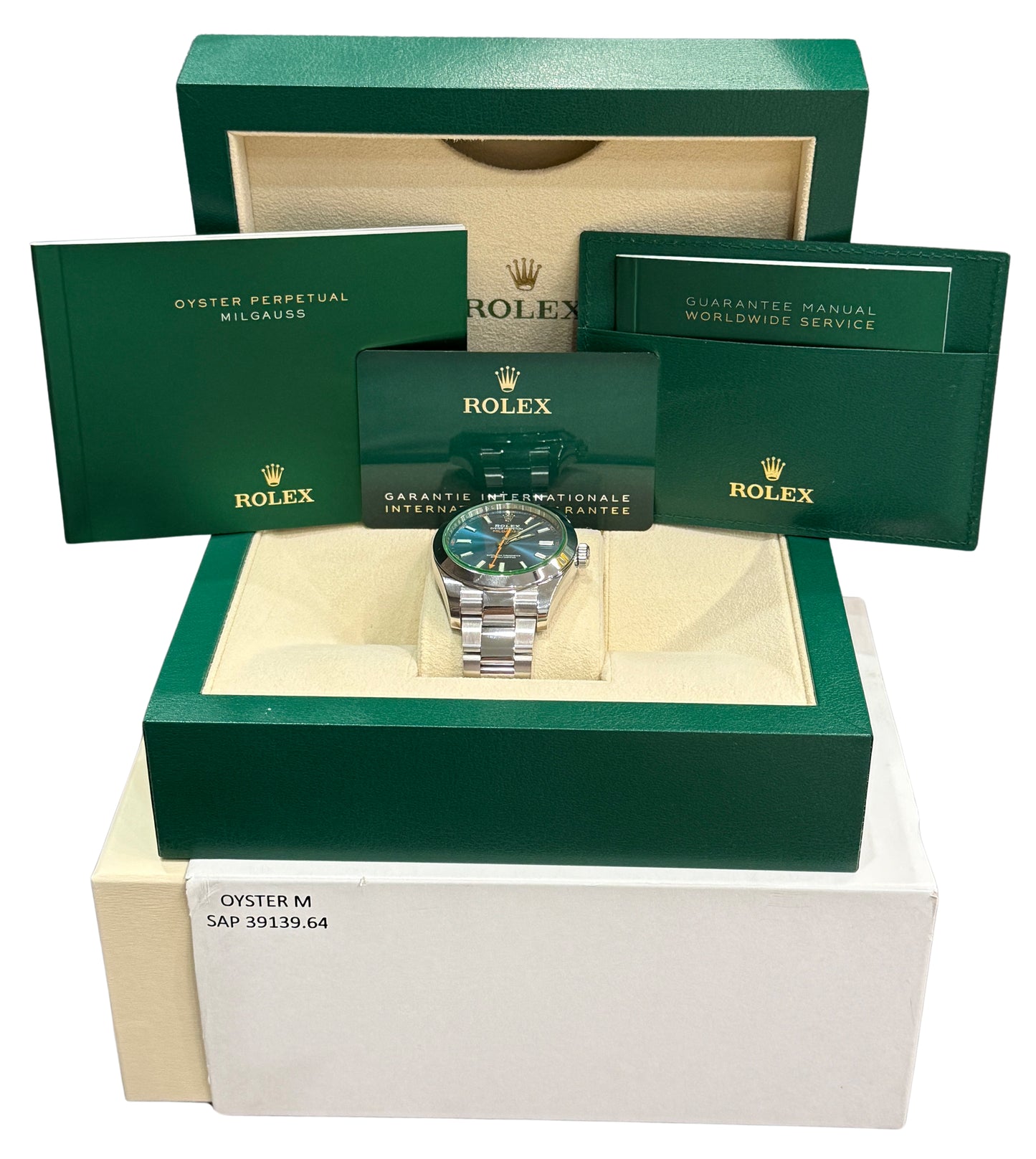 2022 Rolex Milgauss 116400 GV Blue Green Stainless Steel 40mm Watch Box Papers