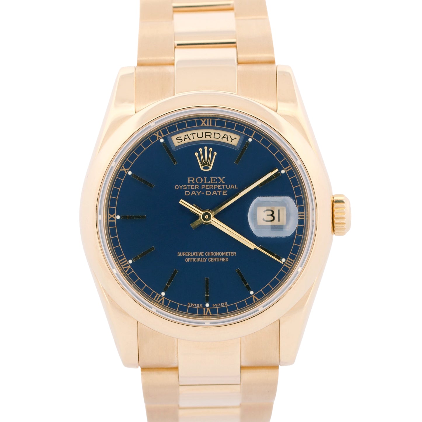 2005 PAPERS Rolex Day-Date BLUE 18K Yellow Gold OYSTER Smooth 36mm 118208 BOX