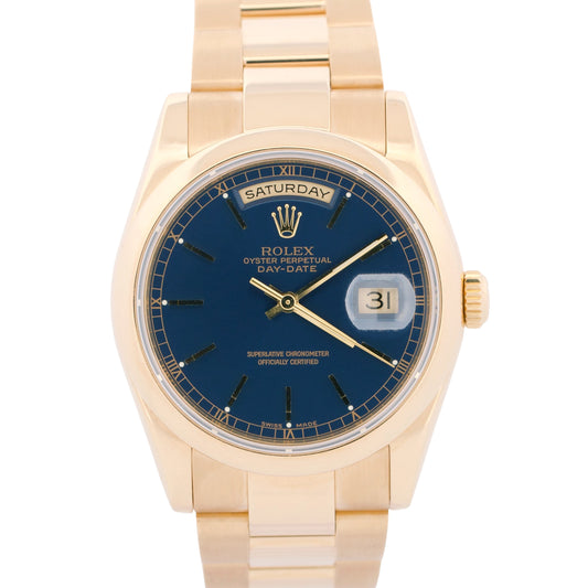 2005 PAPERS Rolex Day-Date BLUE 18K Yellow Gold OYSTER Smooth 36mm 118208 BOX