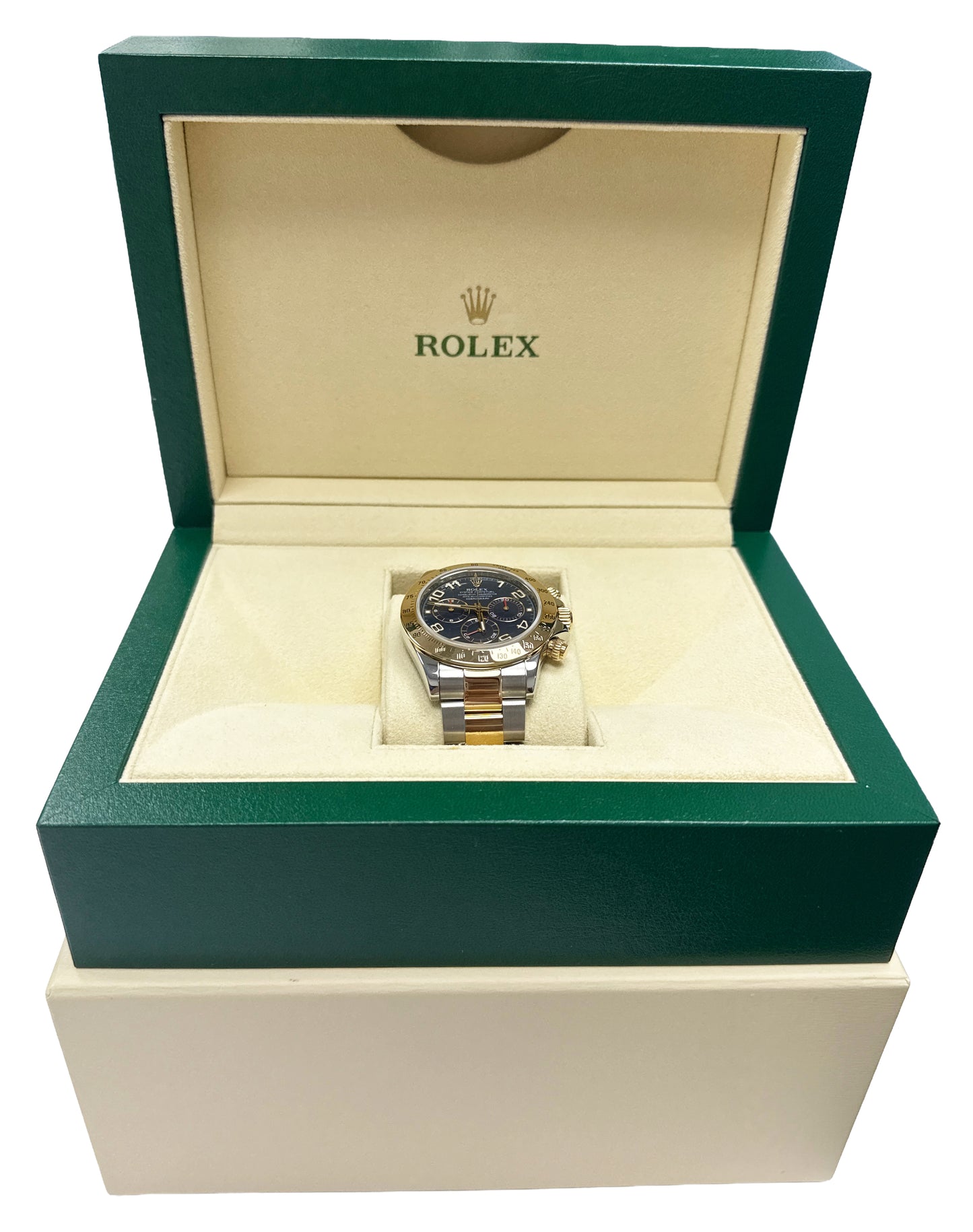 Rolex Daytona Cosmograph 40mm BLUE RACING 18K Yellow Gold Steel Watch 116523 BOX