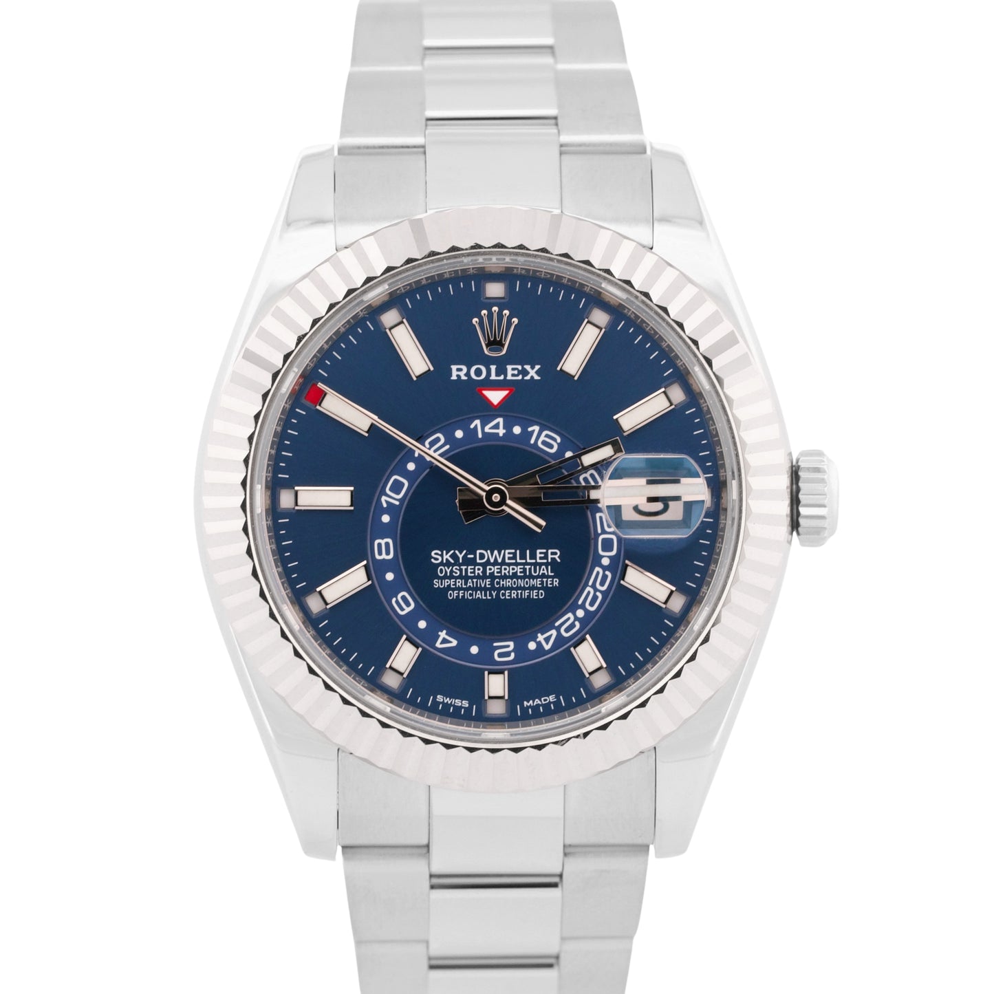 PAPERS Rolex Sky-Dweller BLUE Steel 18K White Gold 42mm Oyster Fluted 326934 BOX