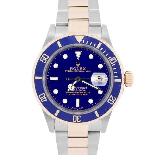 Rolex Submariner Date 40mm BLUE 18K GOLD BUCKLE Stainless Steel 16613 Watch