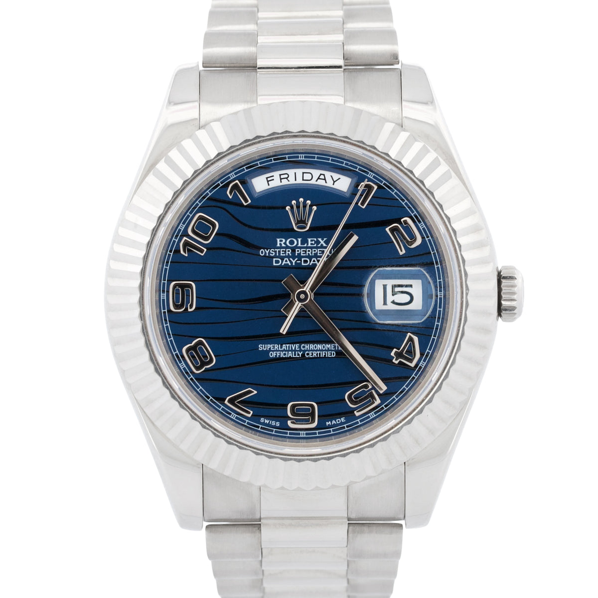 Rolex Day-Date II 218239 Blue Arabic Wave 18K White Gold President 41mm Box
