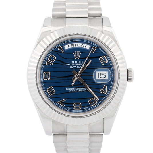 Rolex Day-Date II 218239 Blue Arabic Wave 18K White Gold President 41mm Box