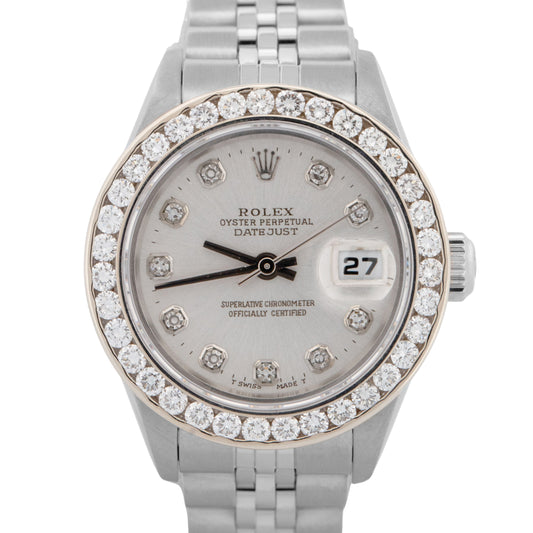 Ladies Rolex DateJust Silver DIAMOND Jubilee NO-HOLES 26mm 79240 Steel Watch