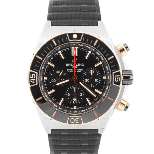 NEW STICKERED PAPERS Breitling Super Chronomat BLACK 18K Gold 44mm UB0136 BOX