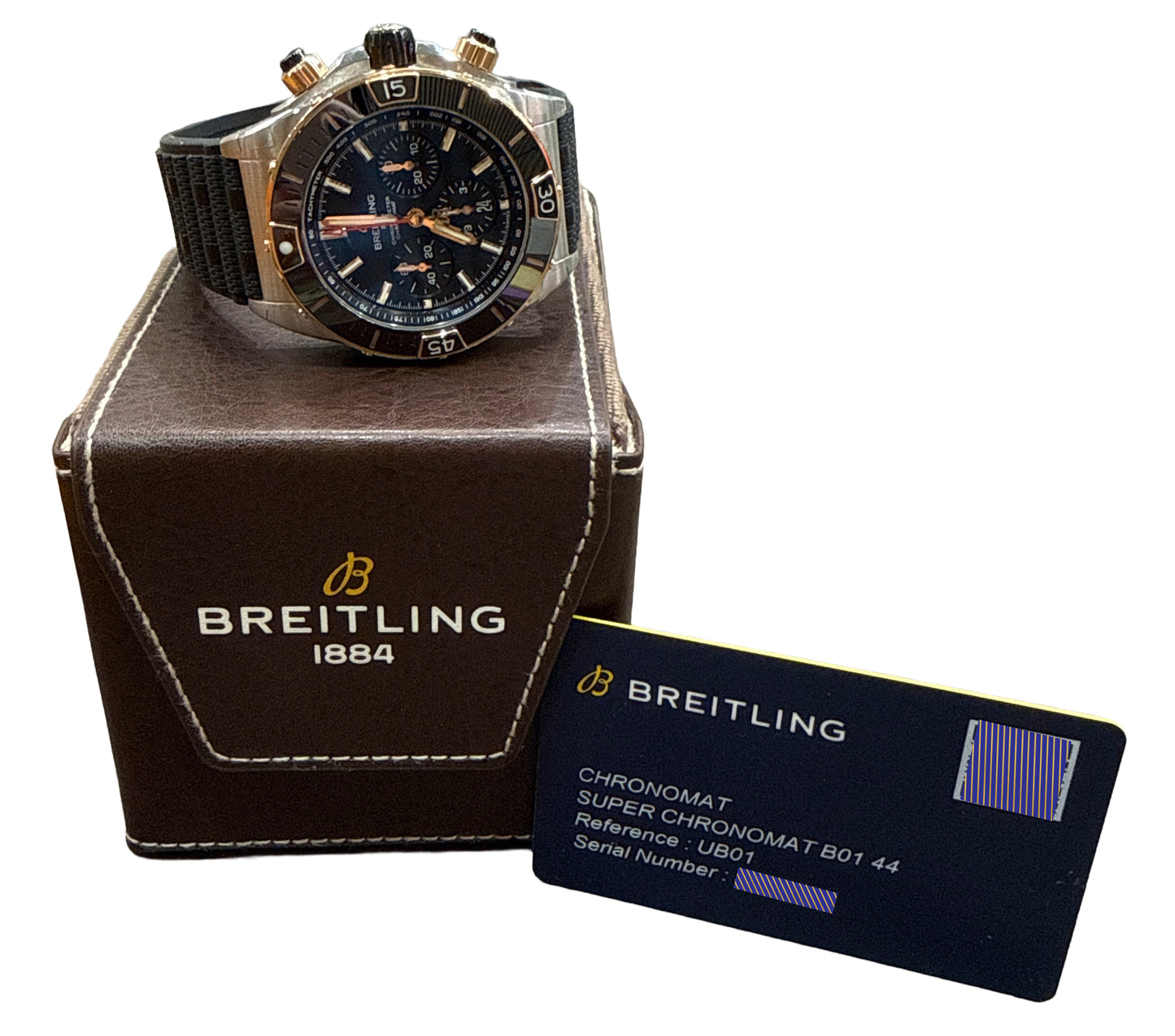 NEW STICKERED PAPERS Breitling Super Chronomat BLACK 18K Gold 44mm UB0136 BOX