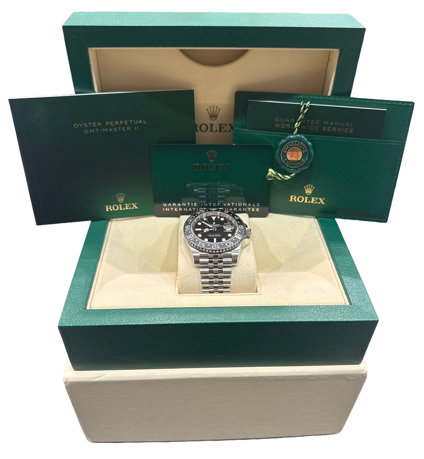 2024 PAPERS Rolex GMT-Master II BRUCE WAYNE Ceramic JUBILEE 126710 GRNR BOX