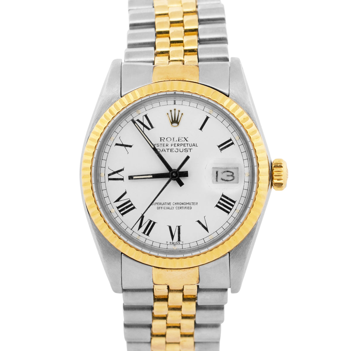 1983 Rolex DateJust 16013 White Roman Buckley Yellow Gold Steel Jubilee 36mm Box