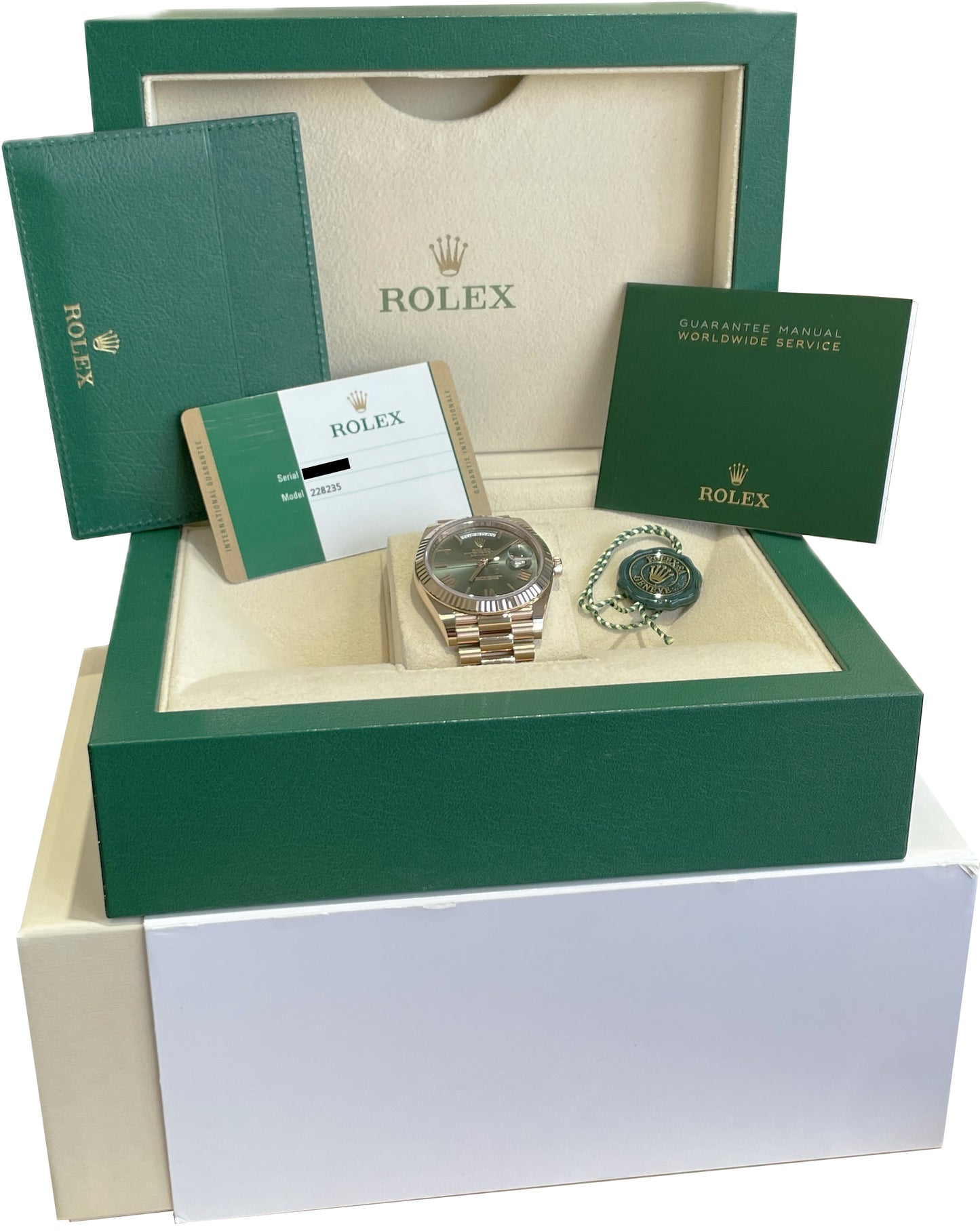 MINT PAPERS Rolex Day-Date 40mm OLIVE Green President 18K Rose Gold 228235 BOX