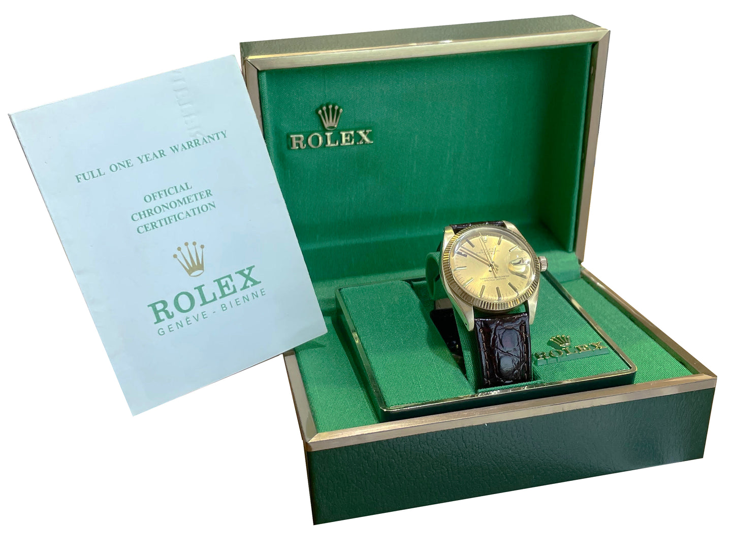 MINT UNDATED PAPERS Rolex Oyster Perpetual Date 34mm 14K GOLD Fluted 1503 BOX