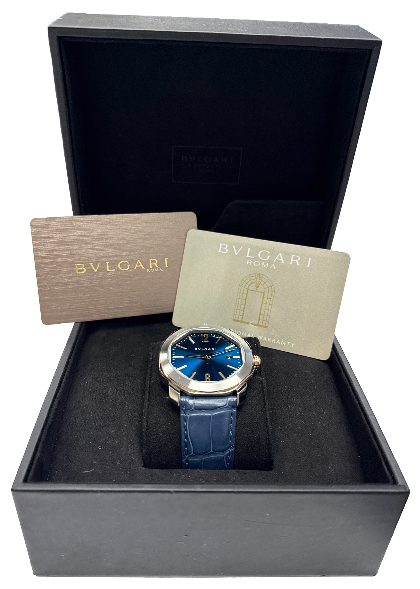 2023 PAPERS BVLGARI Bulgari Octo Roma BLUE 41mm 18K Rose Gold Steel 103205 BOX
