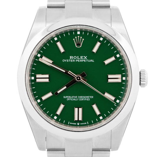STICKERED PAPERS Rolex Oyster Perpetual 41mm GREEN Steel Watch 124300 Watch BOX