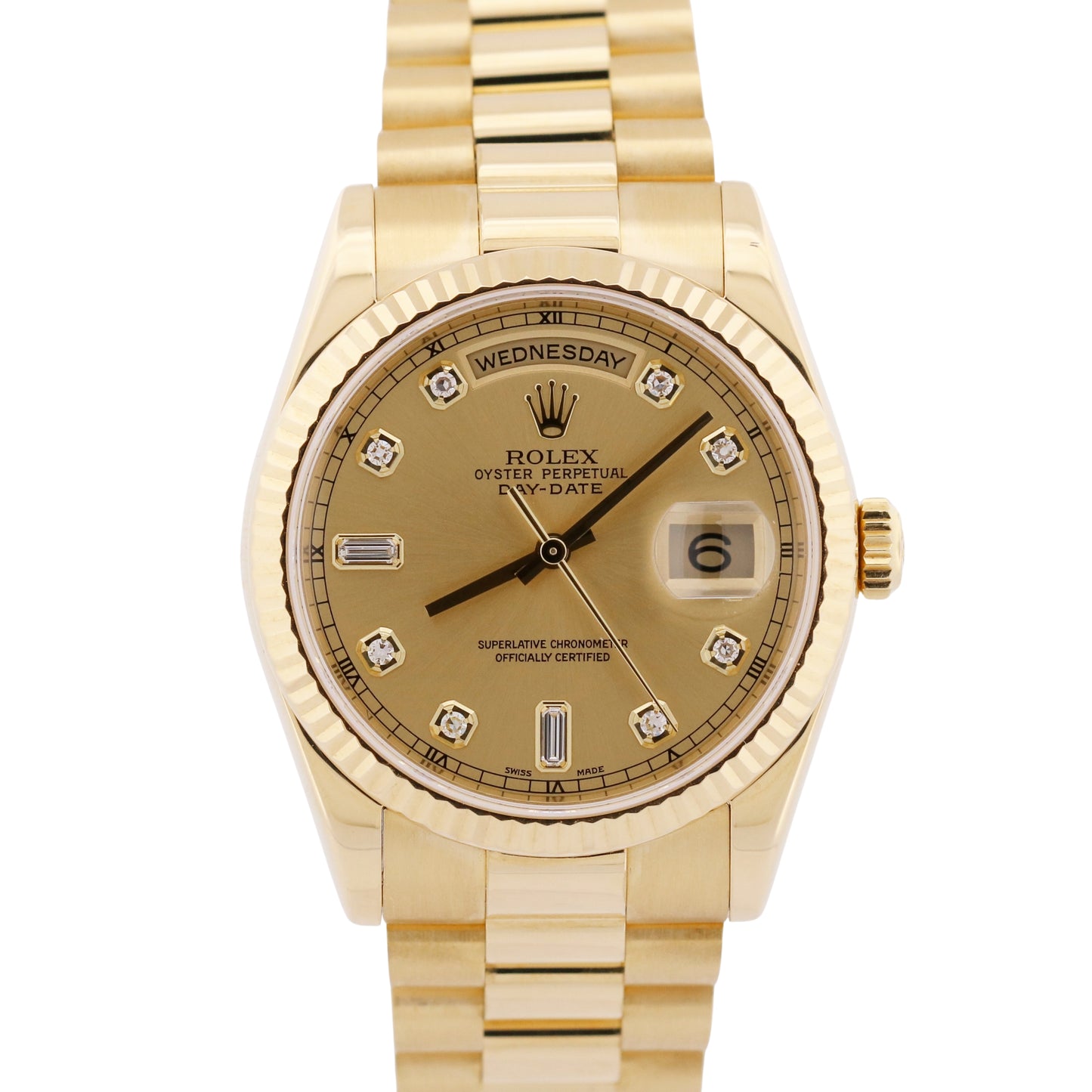 Rolex Day-Date FACTORY CHAMPAGNE DIAMOND 18K Yellow Gold Fluted 36mm 118238 BOX