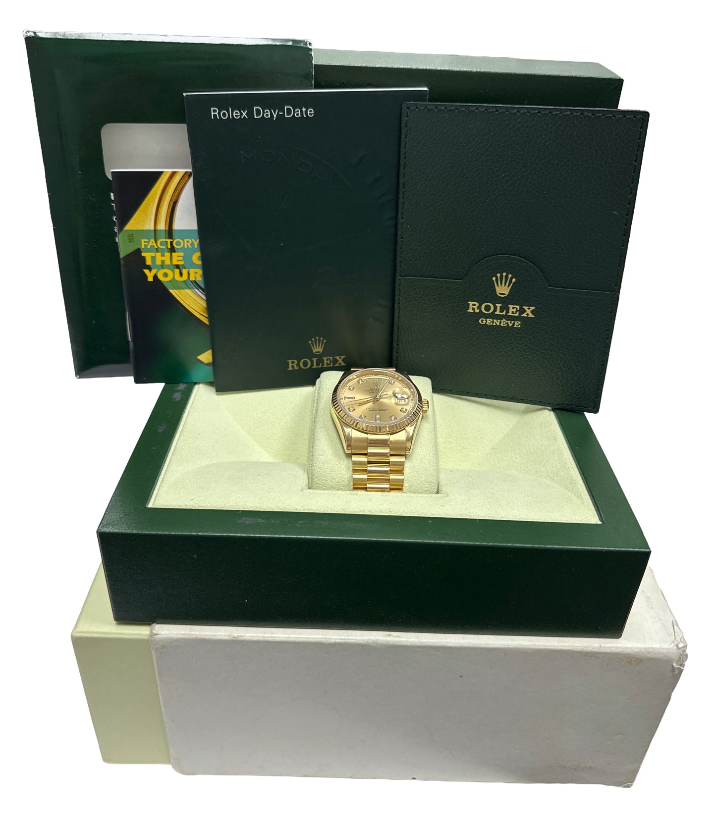 Rolex Day-Date FACTORY CHAMPAGNE DIAMOND 18K Yellow Gold Fluted 36mm 118238 BOX