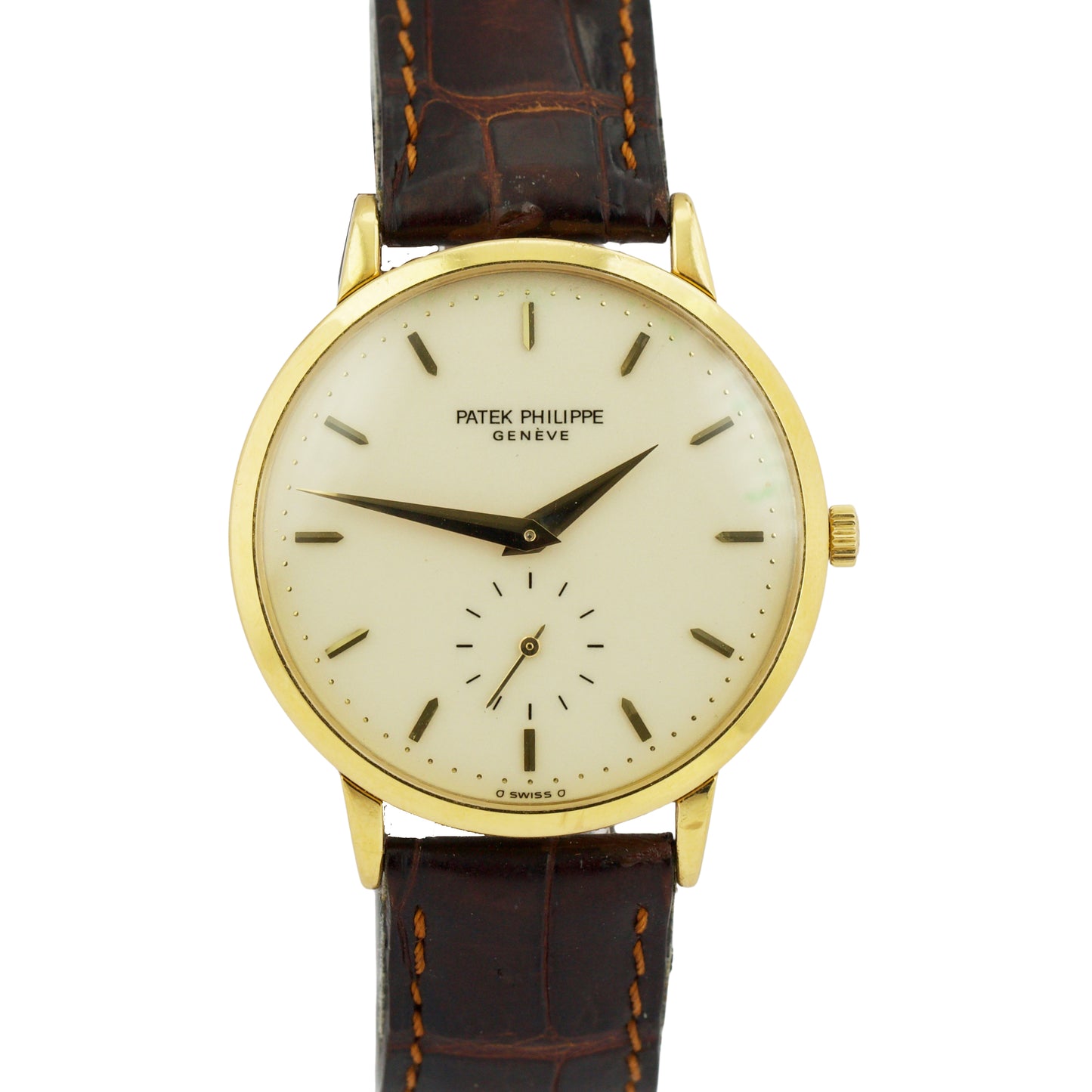 VINTAGE PAPERS Patek Philippe Calatrava 33mm PORCELAIN 18K Yellow Gold 3893 BOX