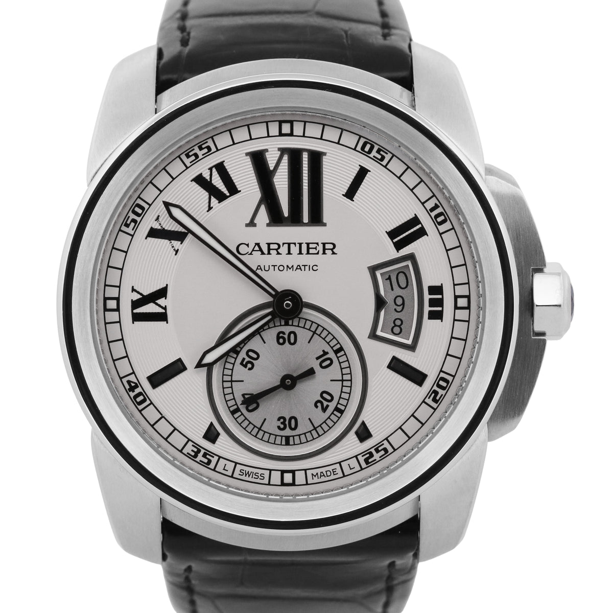 Cartier Calibre 3389 / W7100037 Silver Roman 42mm Steel Leather Date Watch