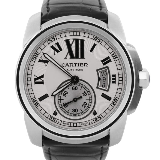 Cartier Calibre 3389 / W7100037 Silver Roman 42mm Steel Leather Date Watch