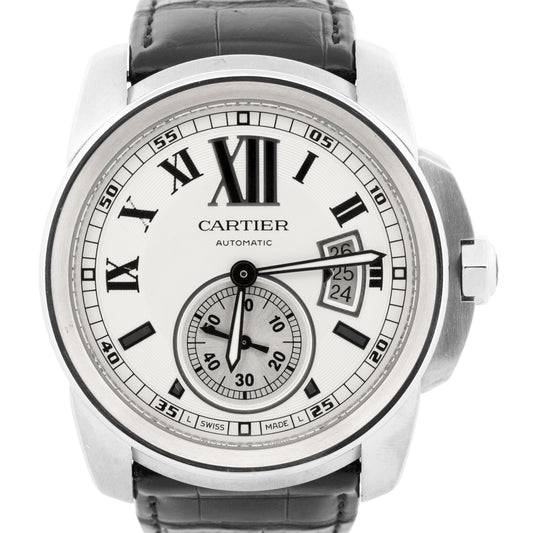 Men's Cartier Calibre SILVER ROMAN 42mm Steel Leather Date Watch 3389 / W7100037