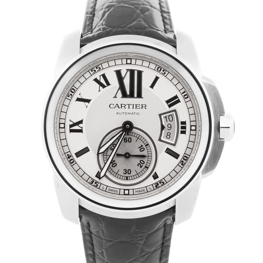 MINT Cartier Calibre SILVER ROMAN Stainless Leather 42mm 3299 / W7100013 Watch