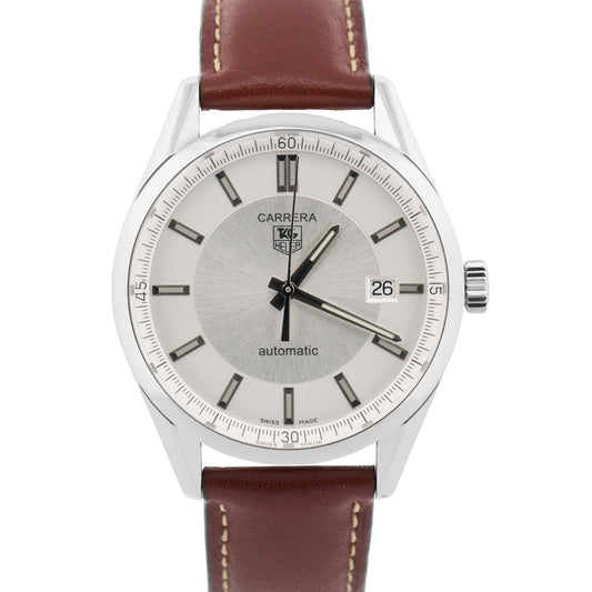 MINT Tag Heuer Carrera Date Calibre 5 Steel SILVER 38mm Leather WV211A-0 Watch