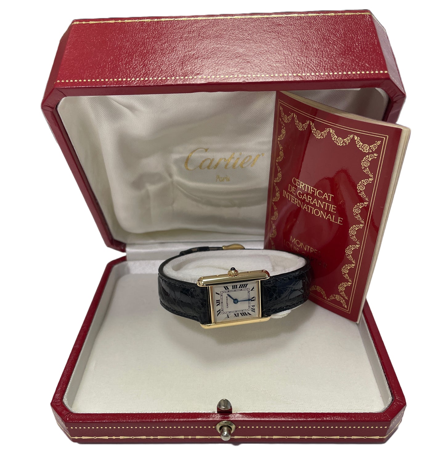 PAPERS Cartier Tank Classic Quartz 18k Yellow Gold White Roman Leather Watch BOX