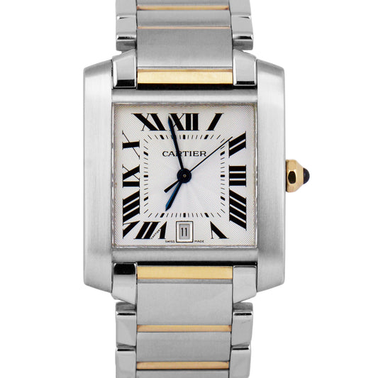 Ladies Cartier Tank Francaise Two-Tone 18K Gold Stainless Silver Guilloche 2302