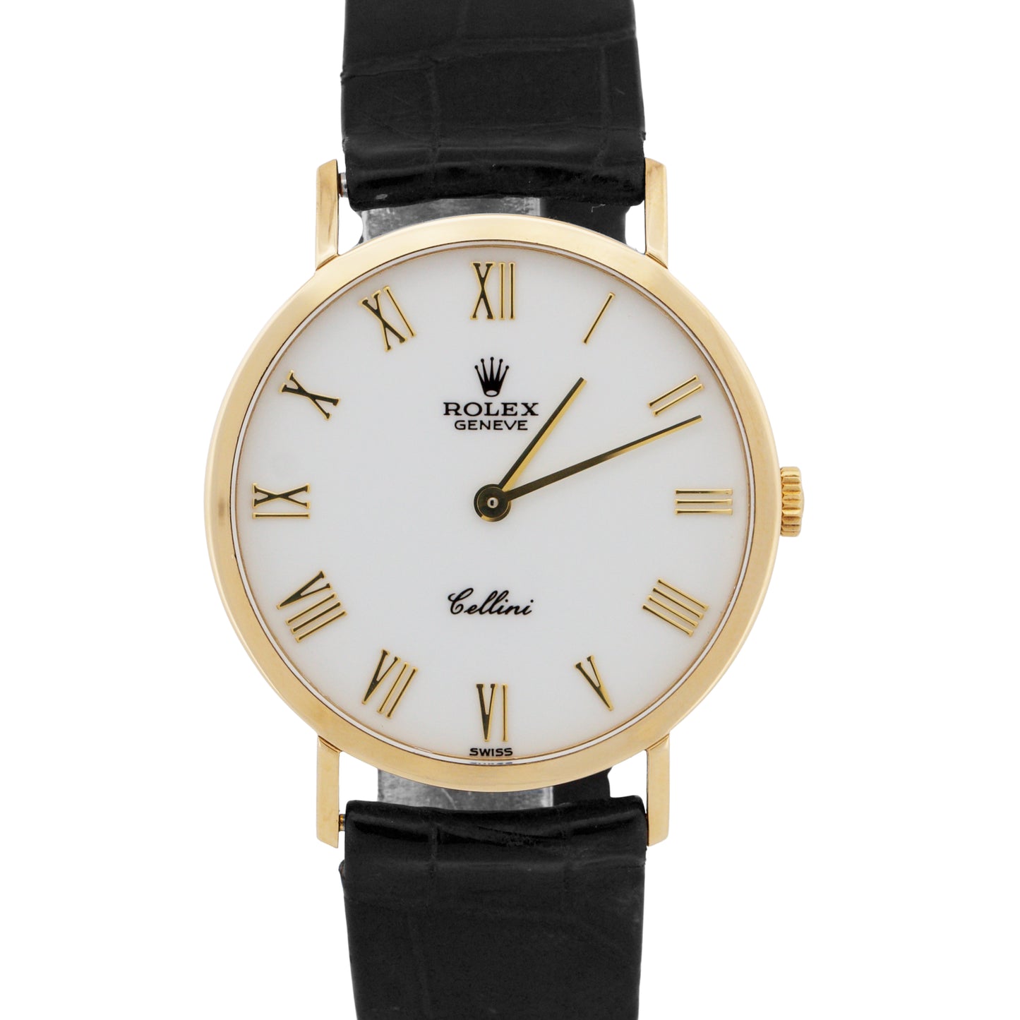 Rolex Cellini WHITE ROMAN 18K Yellow Gold Manual Black Leather 32mm 4112 Watch