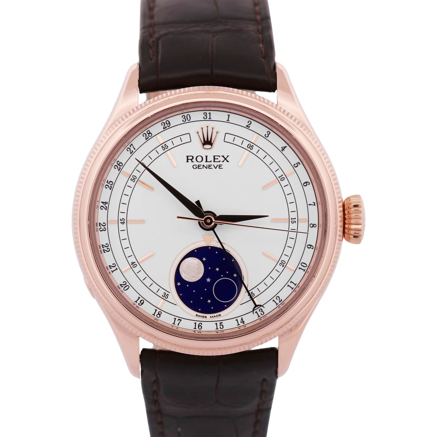 Rolex Cellini Moonphase WHITE 18K Rose Gold LEATHER Automatic Everose 39mm 50535