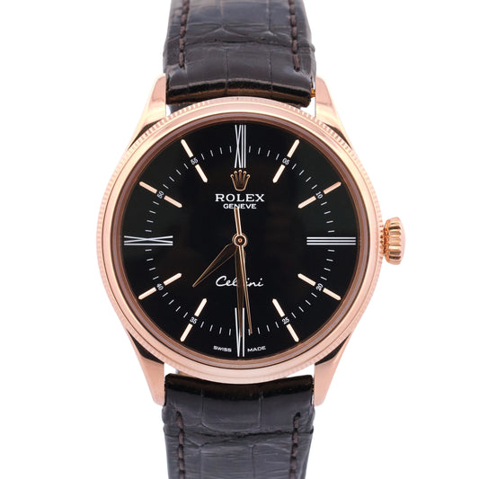 Rolex Cellini 18k Rose Gold BLACK Roman Leather Automatic 39mm 50505 Watch